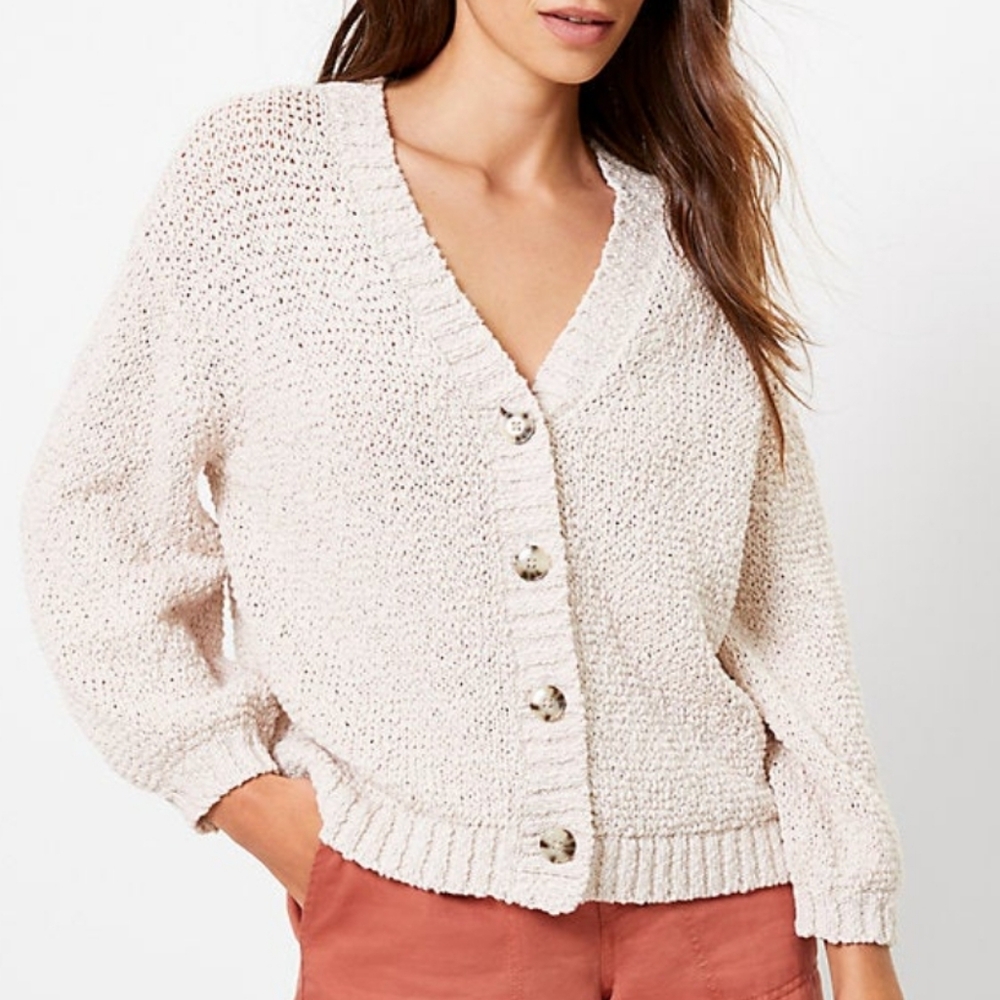 LOFT Cream Chunky Knit Button-Front Cardigan